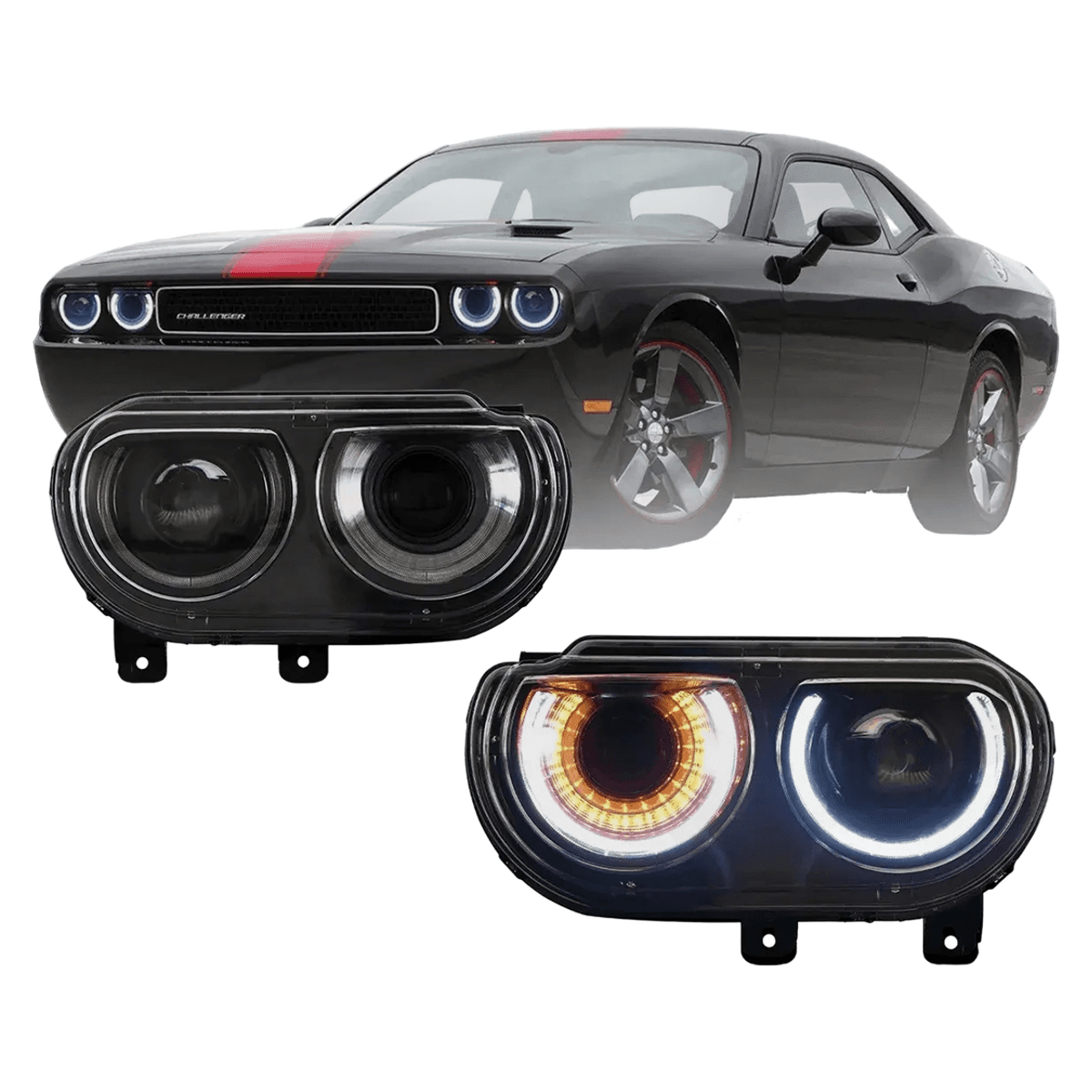 VLAND Black Dual Beam Projector Headlights for Dodge Challenger 2008-2014