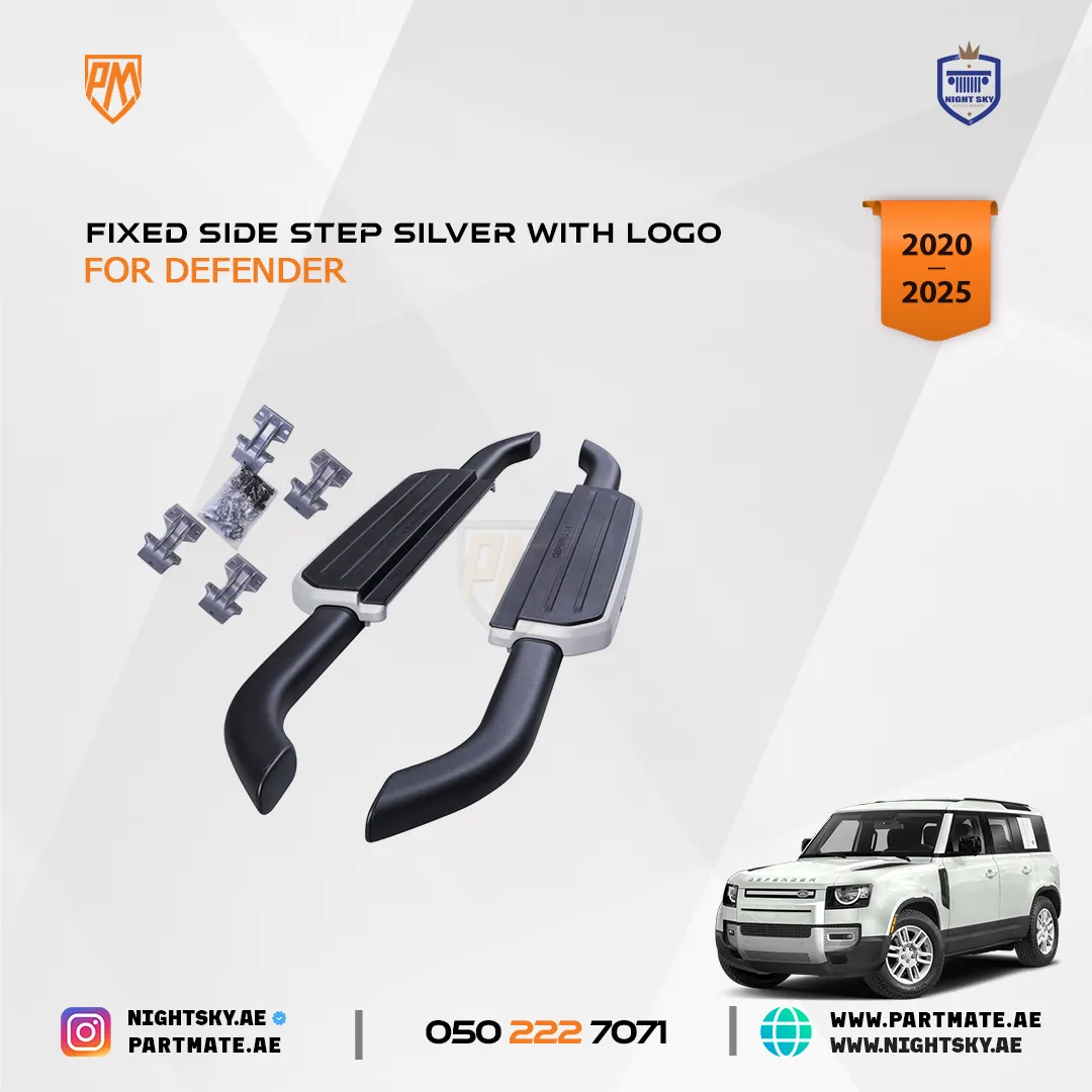 Land Rover Defender Fixed Side Step – VPLEP0391 Silver with Logo (2020–2025)