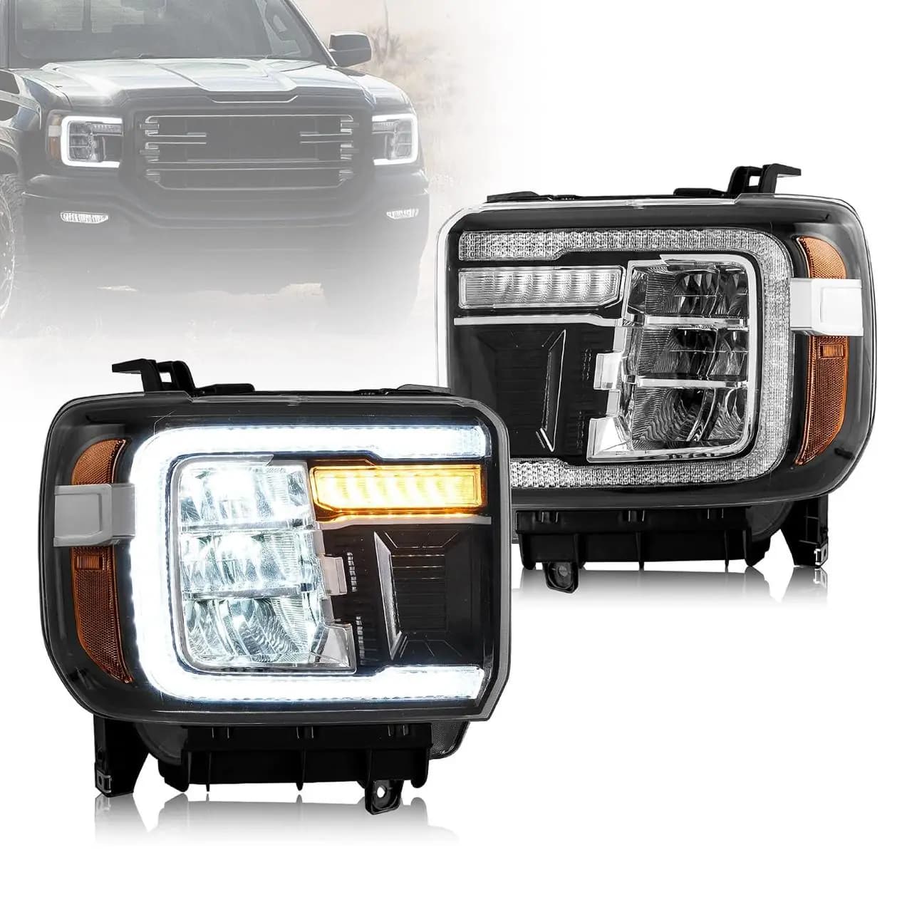 VLAND LED Projector Headlights for GMC Sierra 1500 (2014–2018) & 2500HD/3500HD (2015–2019) – Dynamic DRL, Sequential Turn & Amber Reflector (Clear)