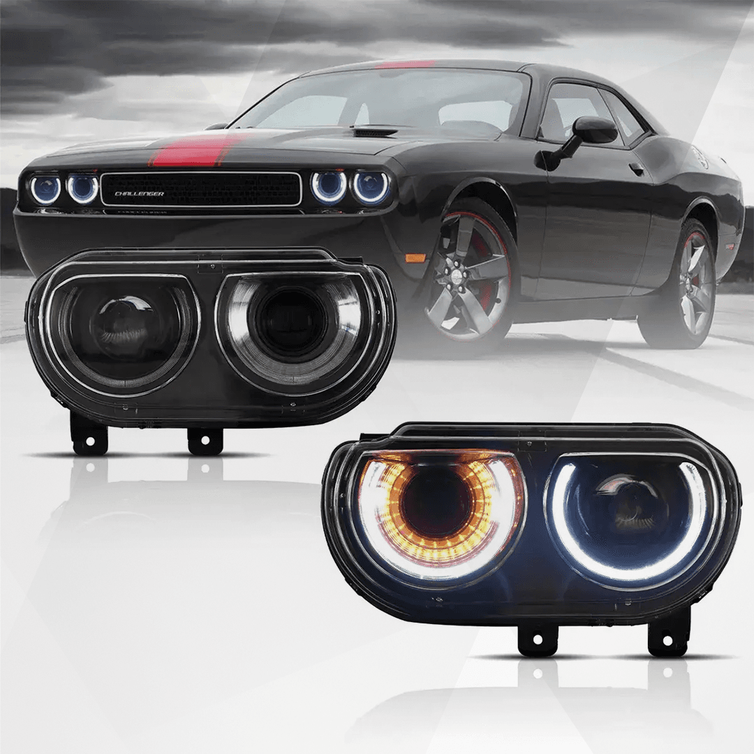 VLAND Black Dual Beam Projector Headlights for Dodge Challenger 2008-2014