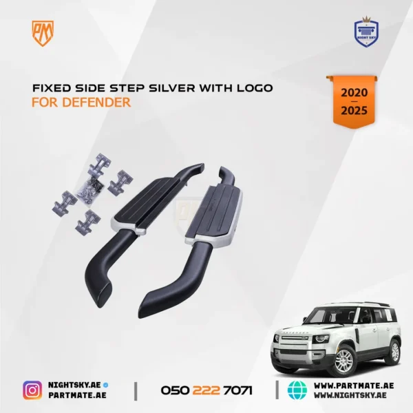 Range Rover Defender Fixed Side Step – VPLEP0391 Silver with Logo (2020–2025) - Image 2