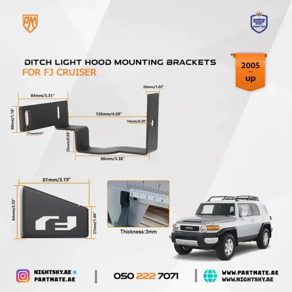 2007–2023 Toyota FJ Cruiser Ditch Light Hood Mounting Brackets - Image 5