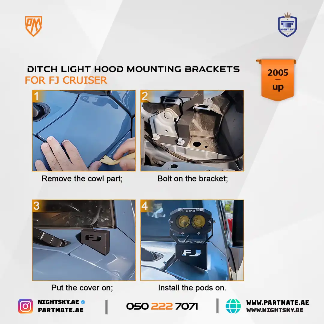 2007–2023 Toyota FJ Cruiser Ditch Light Hood Mounting Brackets - Image 7