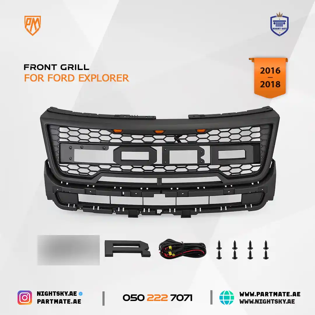 Ford Explorer Front Grille (2016–2017) – Raptor Style Matte Black Grill w Lights - Image 3