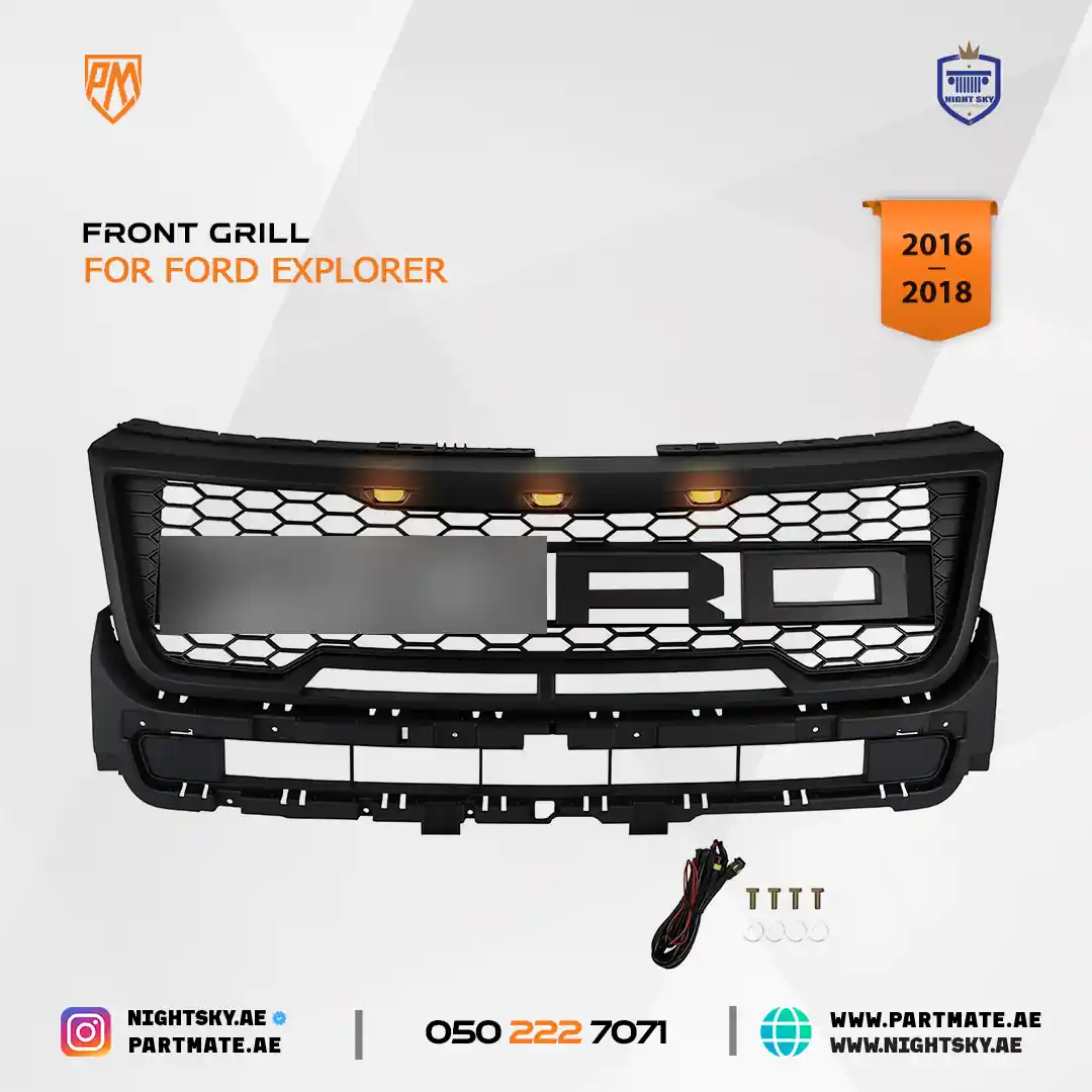 Ford Explorer Front Grille (2016–2017) – Raptor Style Matte Black Grill w Lights - Image 4
