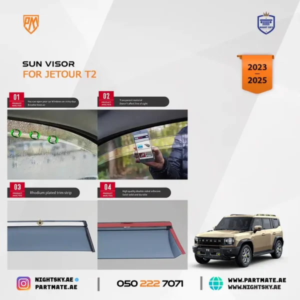 Jetour T2 Window Visors & Rain Guards (2023–2025) – 6PCS Durable Out-Channel Deflectors - Image 4
